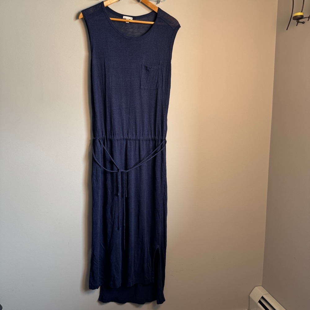 GAP 100% Linen Sleeveless Maxi Dress Drawstring Waist Tie Navy Medium Beach
